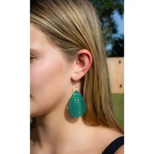 Teal Hollow Out Water Drop Wooden Dangle Earrings