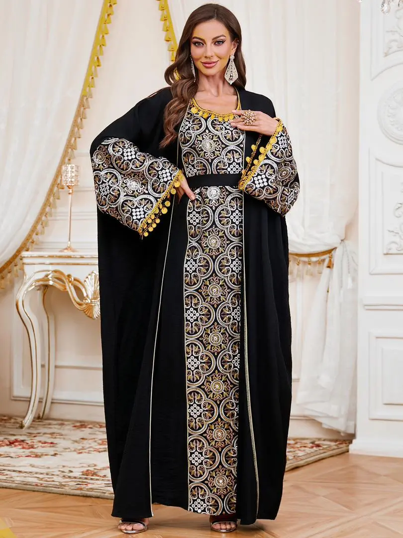 Women's Modest Islamic Full Coverage A-Line Crepe Abaya Dress - New Quality Silk Straight-Cut with Threadwork, for Evening Party, Wedding