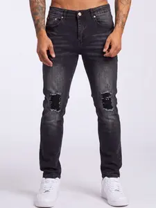 Men's Distressed Ripped Jeans, Slim-Fit Elastic Ankle Pants, Patched Frayed Edge Design, European High Street Style Casual Long Pants