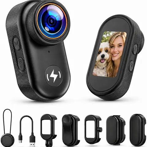 CAMWORLD 4K Mini Body Video Recording Camera - 64GB Micro SD Memory Card, Clip, Lens, Thumb-Action WiFi, 1.47" HD Screen, Magnetic Snap-On Mount, Wearable POV Vlogging Camera for Bikers