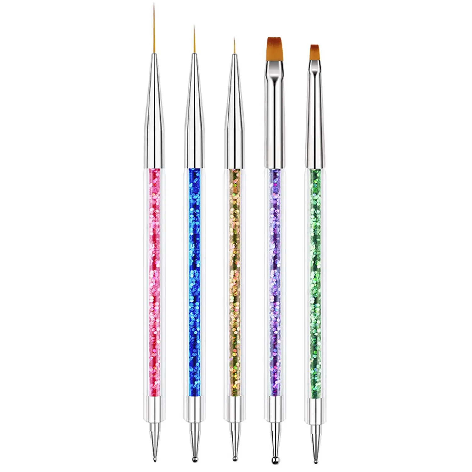 Nail Art Brushes 5pcs Double-Ended Acrylic Set with 7/9/11mm Liner Flat & Dotting Tools for Manicure Design