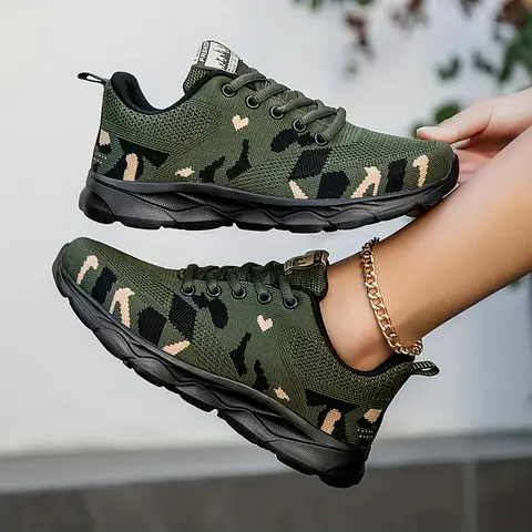 Women'S Camo Print Breathable Mesh Sneakers - Lightweight, Comfortable Lace-Up Casual Shoes With EVA Sole