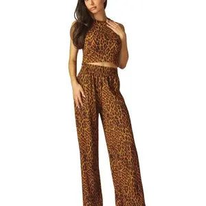 Heaven Spring Two Piece Loungewear Set - Crinkle Textured Crop Top and Wide Pants / Bubble Top and Wide Pants Casual Womenswear Pajama Fit