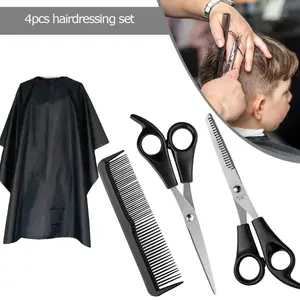 Haircut Tool Set 4 Pieces, Barber Cape, Hair Clippers, Sparse Clipper, Comb Kit, Stainless Steel Scissors for Men and Women, Home and Salon Use