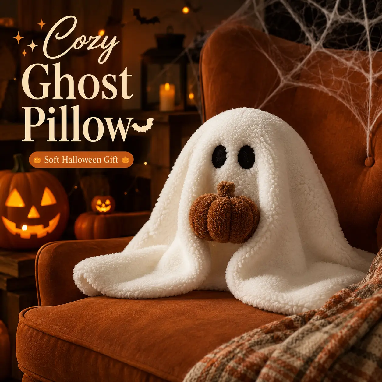 Halloween Ghost Throw Pillow, Ultra Soft Plush Ghost Pillow for Couch & Bed Decor, Cute Spooky Season Room Decor, Cozy Fall Home Decoration, Perfect Halloween Gift for Kids, Girls & Family