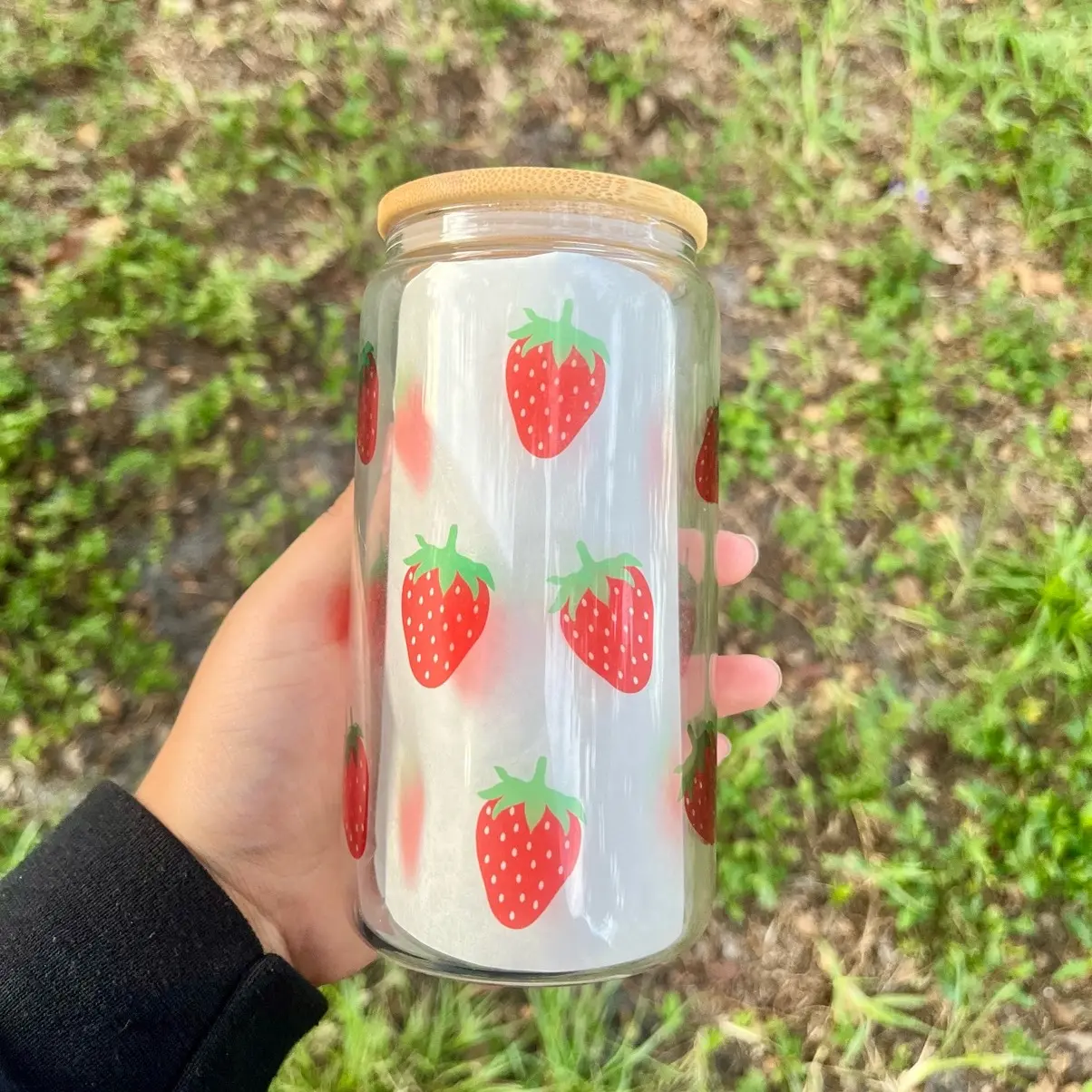 16 oz. Cute Strawberry Glass Cups - Perfect for Drinks and Coffee - Drinkware, Bottles