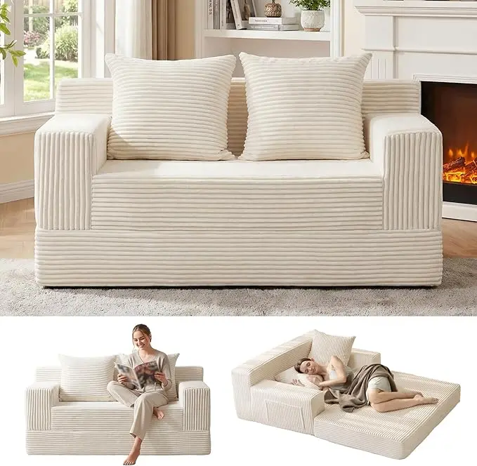 WINZOO Convertible Sofa Bed, Loveseat Folding Floor Futon Sleeper Sofa Couch Bed- Boneless Foldable Couch, Corduroy Pull Out Sofa Bed with 2 Pillows for Living Room & Bedroom