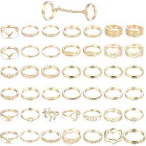 FINREZIO 43 Pcs Golden Vintage Thumb Rings for Women Men Versatile Knuckle Rings Gorgeous Diverse Rings Mid Finger Stackable Rings Set