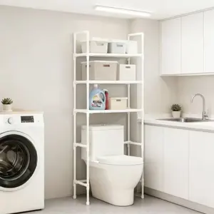 1pc Bathroom Essentials Floor Mounted Storage Rack, Plastic Bracket Organizer, Drill-Free Toilet Side Shelf for Bathroom Supplies, Bathroom Organizing Accessories