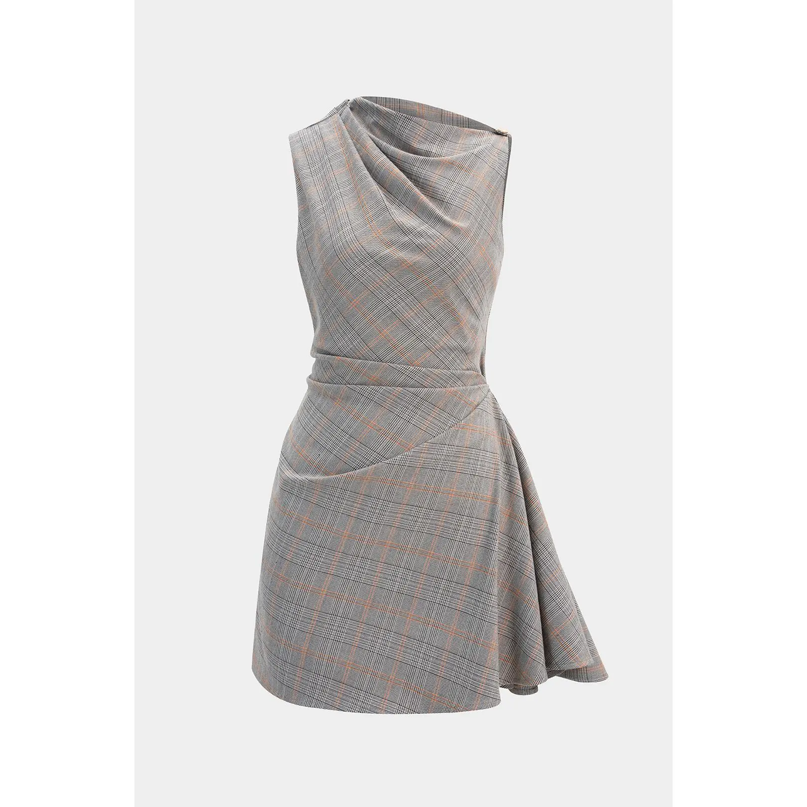 Plaid Print Asymmetrical Ruched Mini Dress