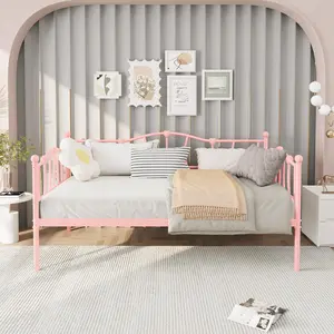 Pink twin size daybed/Single bed frame, stylish headboard sofa bed, heavy-duty steel slat support, space-saving multifunctional bed, versatile for living room bedroom guest room, sturdy indoor lounge bed
