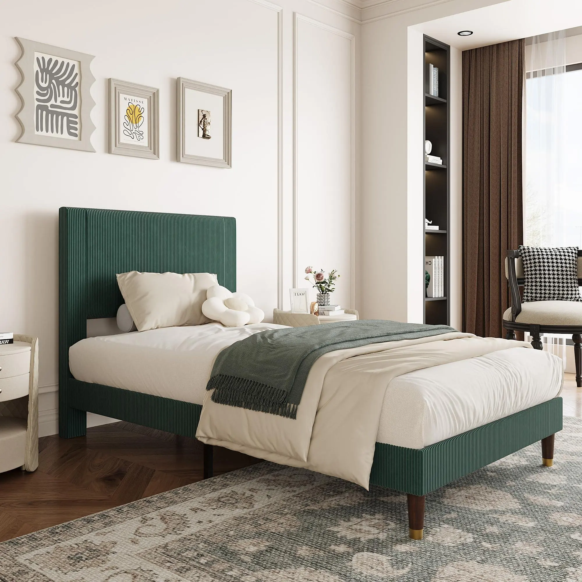 Twin Bed Frame with Headboard, Green Corduroy Upholstered Platform Bed with Wooden Slats Support - No Box Spring Needed & Noise Free, Easy Assembly, for Bedroom Apartment