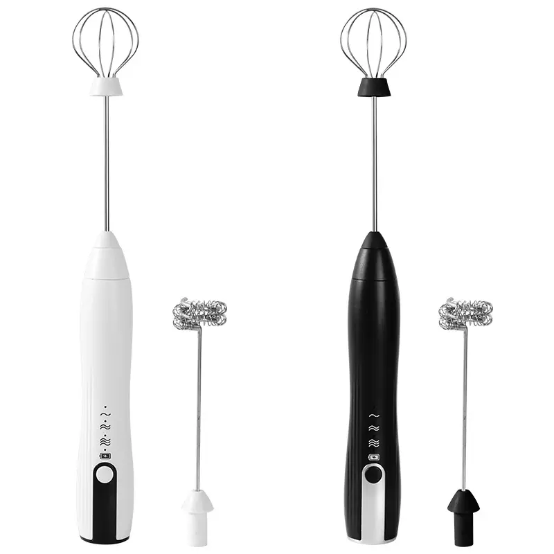 Rechargeable Handheld Milk Frother with 3 Attachments, Electric Coffee Foam Maker, Egg Beater and Mixing Hook, Type-C Milk Mixer for Latte, Cappuccino, Matcha, Black or White