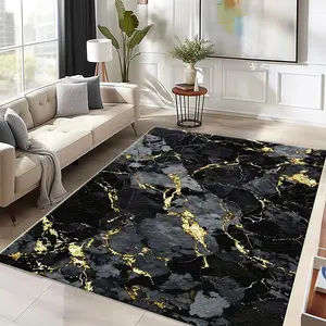 1PC Black and Gold Marble Pattern Area Rug, Abstract marble rug, easy to clean, machine washable carpet floor mat, Suitable for all seasons, living room, bedroom, dining room, hallway, balcony, Home Decor