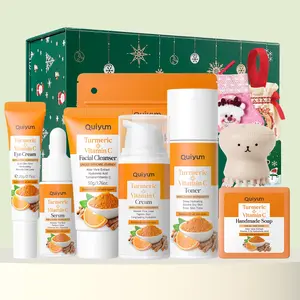 Quiyum Turmeric Vitamin C Skincare Set, Moisturizing Skin Care Kit, Skin Care Sets, Including Cleanser, Toner, Cream, Eye Cream, Serum, Soap, Mud Mask, Scraping Pate，Octopus Brush，Gift Bag，Card，Gift Box，Best Gift,Skin Care Kit for Women & Girl
