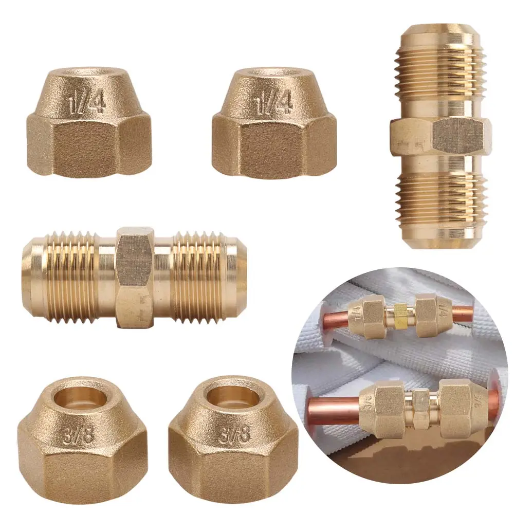 2 Sets Pure Copper Plumbing Pipe Extension Joint Connectors, 1/4 in-3/8 in Flare Nut Brass Fittings with 4 Flare Nuts, Wrench-Tighten Coupling Adapters for HVAC, Fuel and Gas Systems - Home Improvement Building Supplies, Stretching, Refrigeration Equipmen