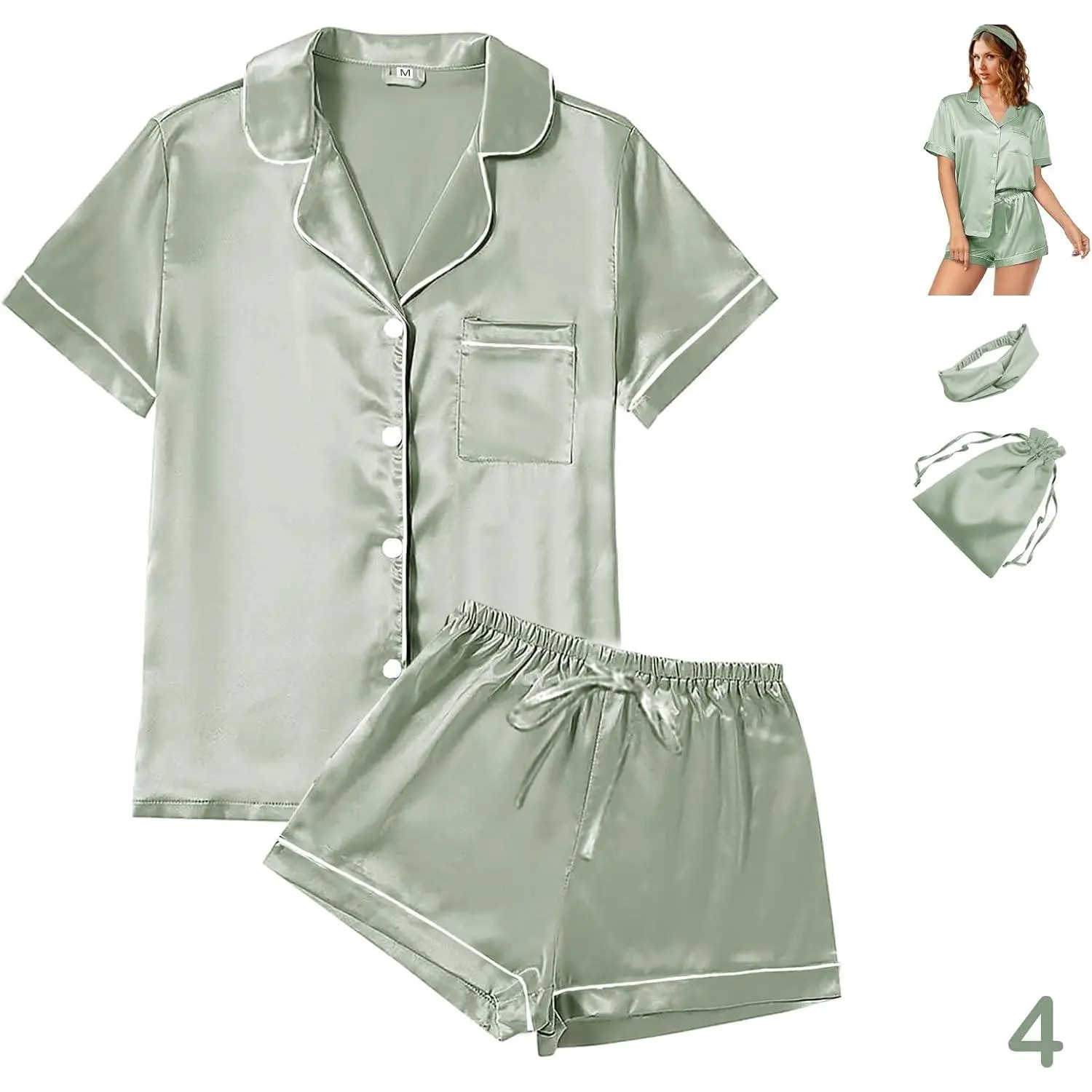 4Pcs Womens Satin Silky Pajama Sets Short Sleeve Shirt XS-4XL Floral Pajamas Set Soft PJ Loungewear Sleepwear Shortsleeve Homewear