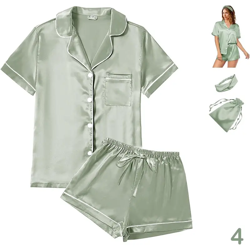 Women's Minimalist Satin Shortleeve 3-Piece Pajama Sets - Casual Comfy All Seasons Sleep & Lounge Wear, Short-Sleeve Shirt, Shorts, Cute Headband, Wide Size Range Easy Fit Floral Loungewear
