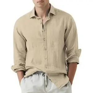 Mens Cotton Linen Casual Stylish Button Down Shirt Long Sleeve Dress Shirts