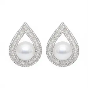 E4186 White Gold Drop Earrings With Imitation Pearl Baguette Cut Pave Setting Water Drop Shape Women's Wedding Jewelry