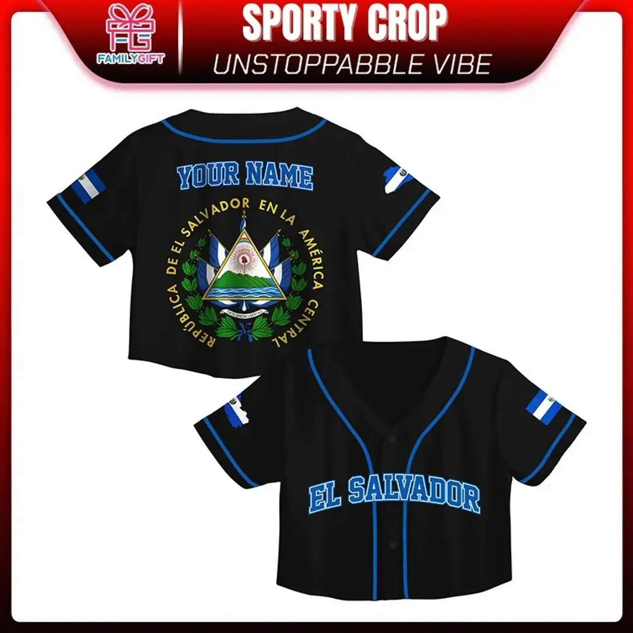 Custom El Salvador Baseball Jersey Crop Top – Personalized Name & Number, Black Jersey with Blue Trim and White Accents