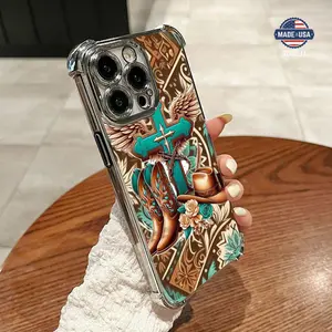 Western cowboy Cross Pattern Four Comers Air Cushion Anti-drop phone case Suitable for iPhone 16 15 14 13 12 11 Pro Max Plus electroplated anti drop case Screen Protector Protection Protective Cover Smartphone Casing Cellphone Shockproof