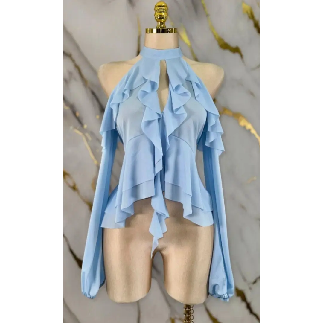 Elegant Ruffle Halter Blouse – Sheer Long Sleeve Statement Top