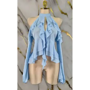 Elegant Ruffle Halter Blouse – Sheer Long Sleeve Statement Top