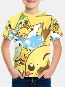Pikachu Collection Short-sleeved T-shirt / Comfortable, Casual, Versatile and Suitable for Outer Wear / Daily Wear, Versatile 100% Polyester, Designed Specifically for Energetic Children: Summer Casual Children's Clothing, Outdoor Sports T-shirt