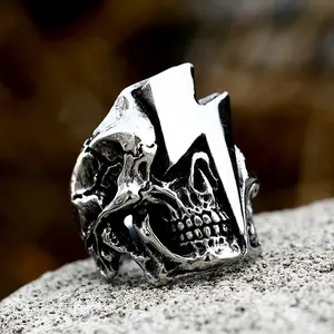 GTHIC Gothic Lightning Skull Stainless Steel Biker Ring for Men Statement Jewelry Daily Wear Father's Day Gift