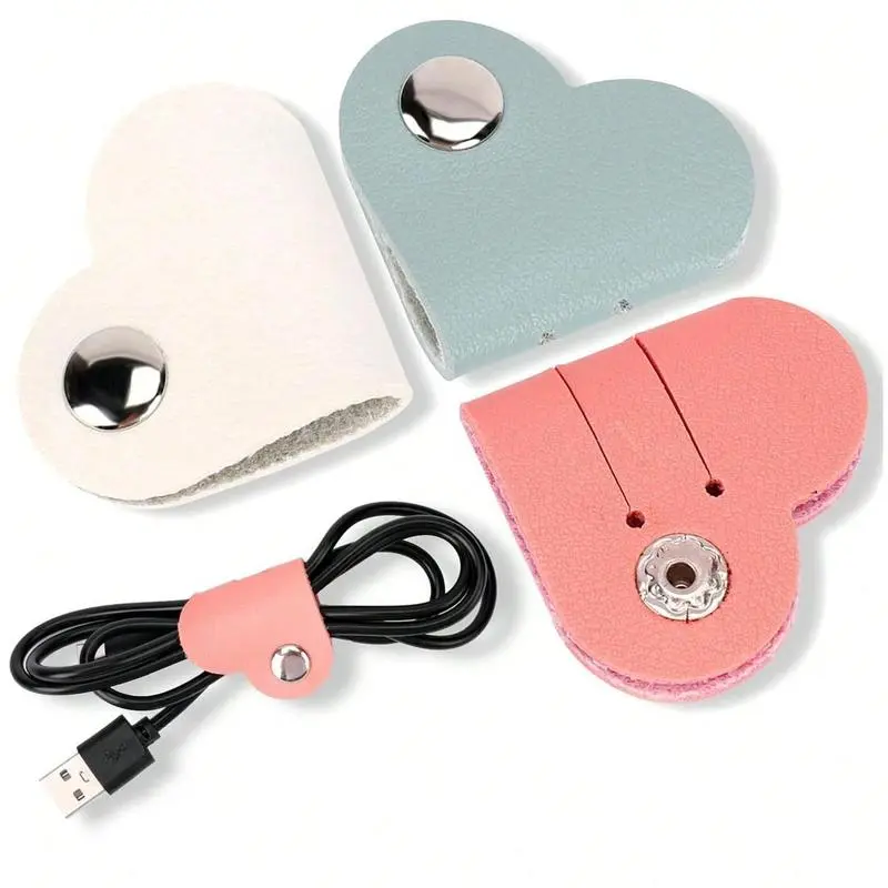 6PCS Heart Cord Organizer, Portable PU Leather Headphone Cable Earbud Data Cord Protector Headphone Cable Straps Wire Organizer, Storage PU Leather Earphones Storage Straps for Electronics Earbuds USB