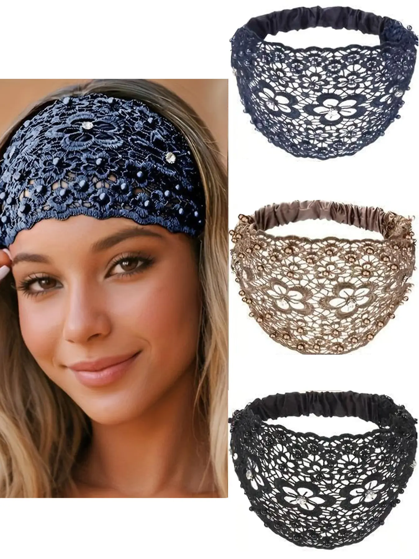 3-piece set with lace, floral vine, pearl mesh headband, Fashion headband, Sparkle flower headbands for women, wide edge elastic headband suitable for daily leisure, dressing, Boho Hair Accessories, Floral Hairband