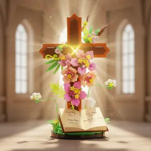 Jesus Lighting Cross Blooming Flower Building Set with Open Book and Candle Base