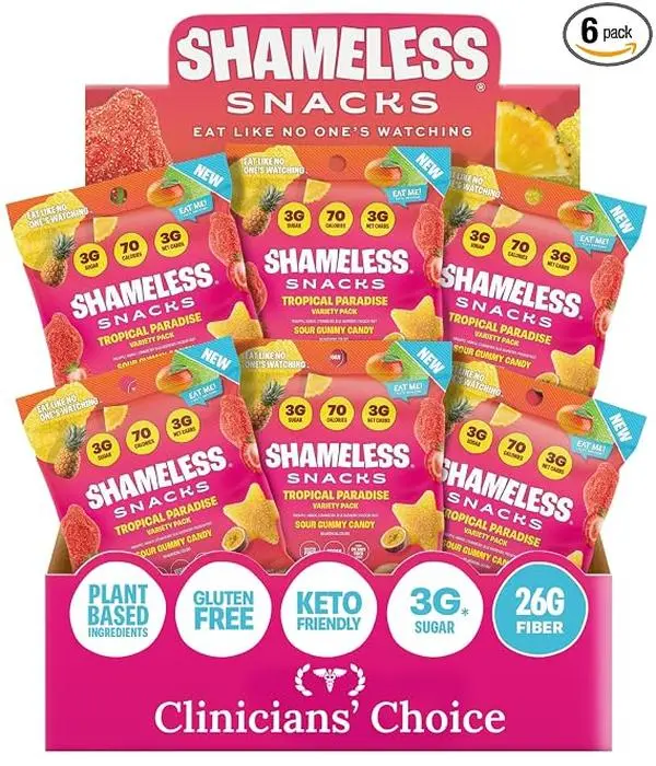 Shameless Snacks Tropical Paradise Mixed Bag Sour Gummy Candy, 5 Tropical Flavors, Keto 3g Sugar, Gluten-Free Vegan Gummies
