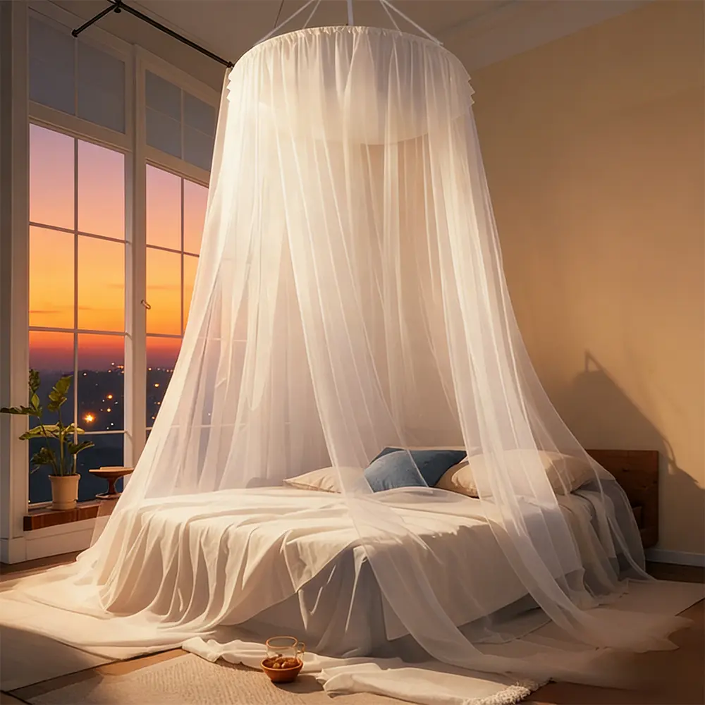 White Hanging Mosquito Net for Bedroom Bed - Breathable Mesh Bed Canopy with Encrypted Insect Netting, Lightweight Foldable, Easy to Install, Minimalist Bedroom Home Essential for Travel & Dorm Use
