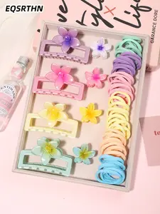 Hawaiian Flower Hair Claw Clips Set, 4/58Pcs Pastel Floral Hair Accessories, Large Square Claw Clips for Thin Thick Hair, Cute Small Flower Pins & Colorful Elastic Ties, Y2K Aesthetic Hair Styling Tools, Summer Vacation Beach Essentials, 4 Colors