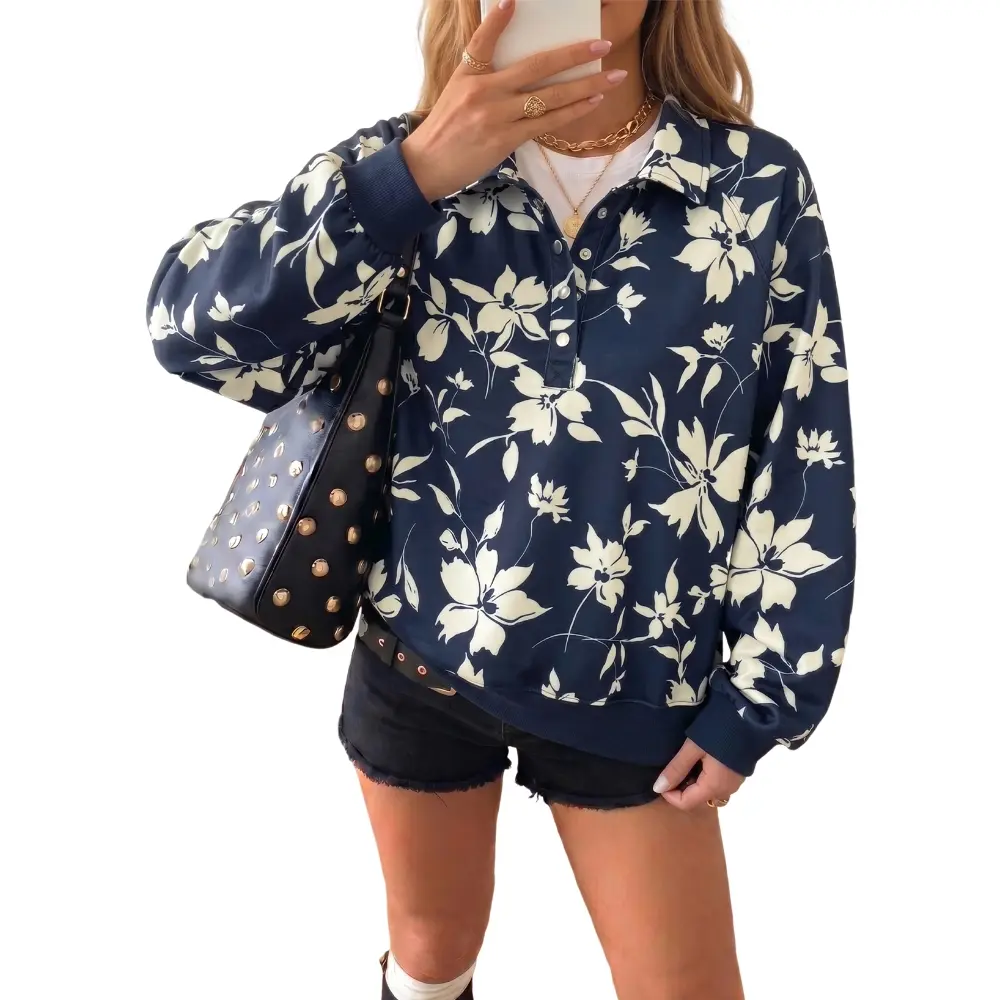 Dokotoo Women's Floral Print Collared Pullover Sweatshirt Long Sleeve Cotton Blend, Casual Loose Fit Comfortable Everyday Top