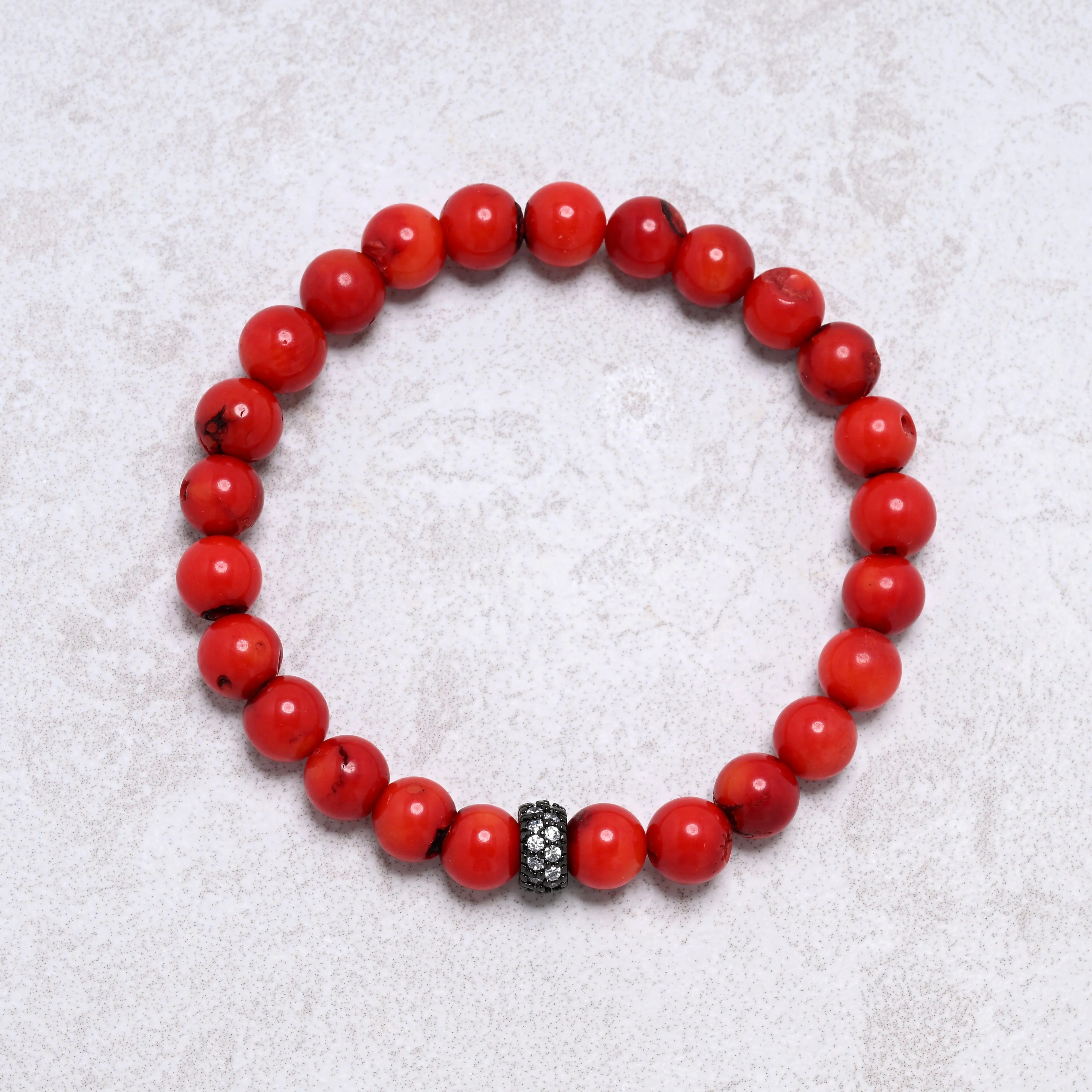 Red Coral 8mm Natural Gemstone Stretch Bracelet with CZ Accent Bead