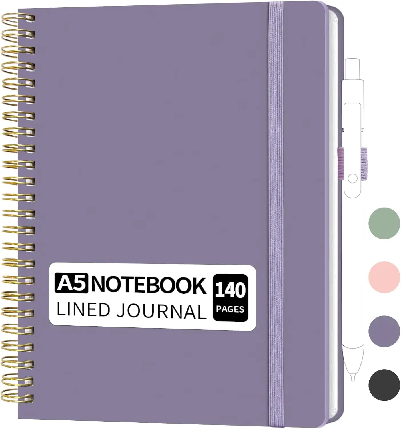 A5 Lined Spiral Notebook with Pen Holder, 140 Pages Hardcover Journal for Women,  Planner for Work,  Study & Meetings (A5, Purple, No Pen)