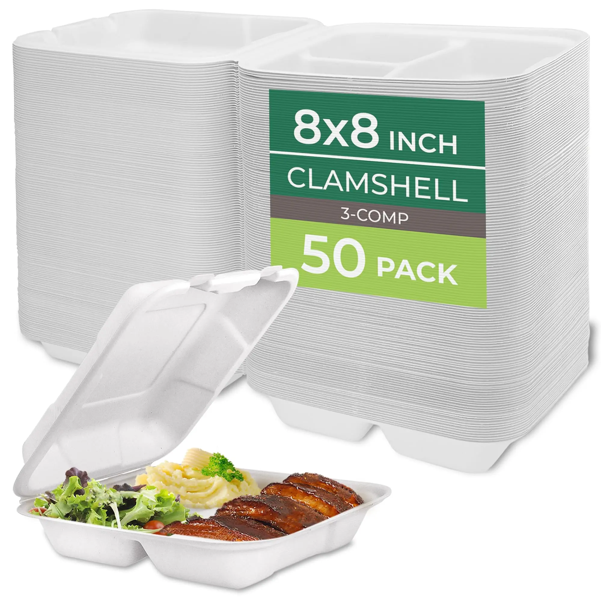 Clamshell Food Containers With Lids [8x8] 3-compartment 50-pack  Disposable To Go Biodegradable Sugarcane Boxes - Paper Microwave & Freezer Safe Stackable