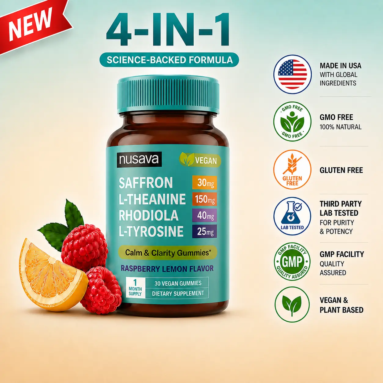 NUSAVA 4-in-1 Saffron Gummies | Calm Clarity & Daily Composure | 30mg Saffron Extract + L-Theanine + Rhodiola Rosea Extract + L-Tyrosine | Vegan Gummies | Caffeine-Free Cognitive Support | 30 Servings
