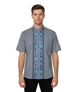 Premium Quality Mens Guayabera Embroidery Shirts Chambray Floral BSM08A