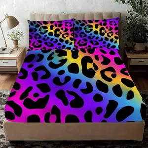 3-Piece Leopard Print Bed Skirt Set, 100% Polyester, Breathable All-Season Fitted Sheet, Includes Pillowcases, Bedding Sets