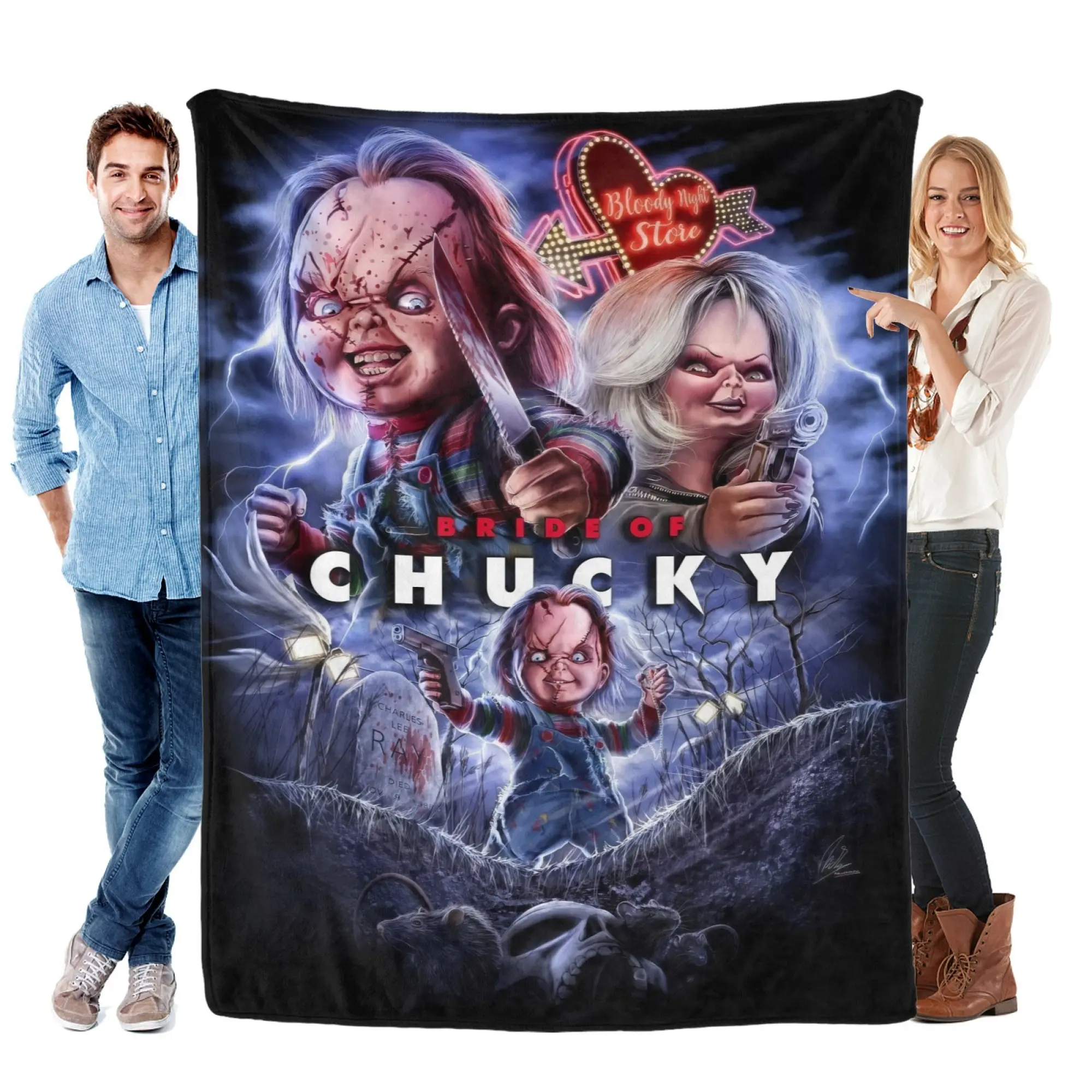 Bride of Chucky Horror Movie Flannel Blanket, Chucky and Tiffany Graveyard Poster Graphic Soft Throw for Bedroom Dorm Back to School Camping, Spooky Gothic Home Decor, Ideal Xmas Halloween Birthday Gift for Classic Horror Film Lovers