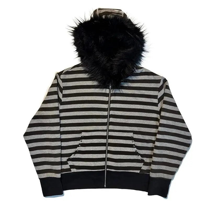 Gothic punk grunge fur collar hoodie unisex striped diamond design zipper sweatshirt 2000s Harajuku aesthetic hip hop streetwear