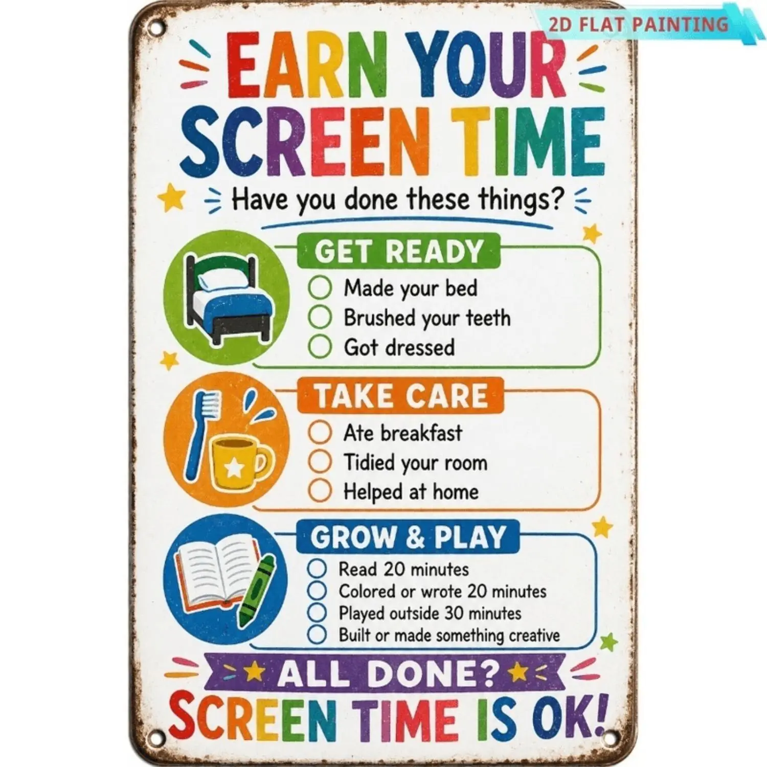 Decorative Vertical Iron Sheet Painting Kids Screen Time Rewards Chalkboard Chore Chart Morning Routine Wall Art for Playroom Classroom Bedroom Homeschool Home