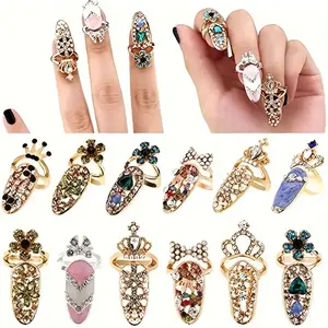 2026 New Crystal Rhinestone Ring Women's Fashion Bow Finger Joint Nail Ring Decoration Tip Nail Art Crown Flower Charm