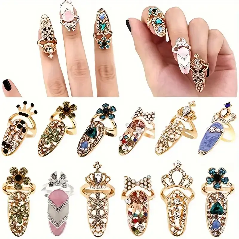 2026 New Crystal Rhinestone Ring Women's Fashion Bow Finger Joint Nail Ring Decoration Tip Nail Art Crown Flower Charm 2026 New Crystal Rhinestone Ring Women's Fashion Bow Finger Joint Nail Ring Decoration Tip Nail Art Crown Flower Charm