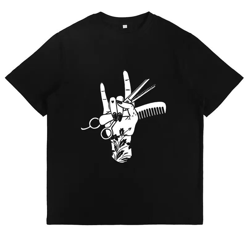Womens Graphic Tee Short Sleeve Crewneck Cotton Shirt Hair Stylist Hand Scissors Comb Print Casual Loose Fit Summer Streetwear Top