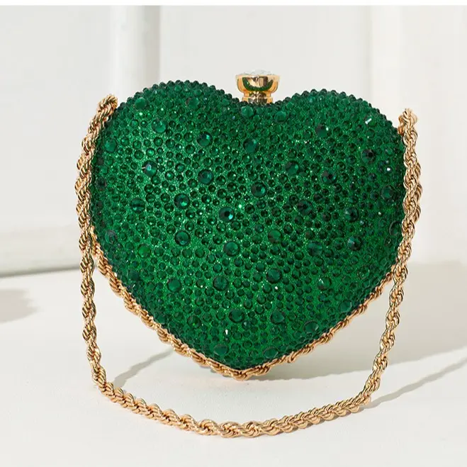 Luxury Emerald Green Full Rhinestone Heart Shaped Shoulder Crossbody Clutch, Sparkly Crystal Diamond Love Evening Handbag with Gold Braided Chain, Statement Bridal Wedding Cocktail Party Purse for Ladies